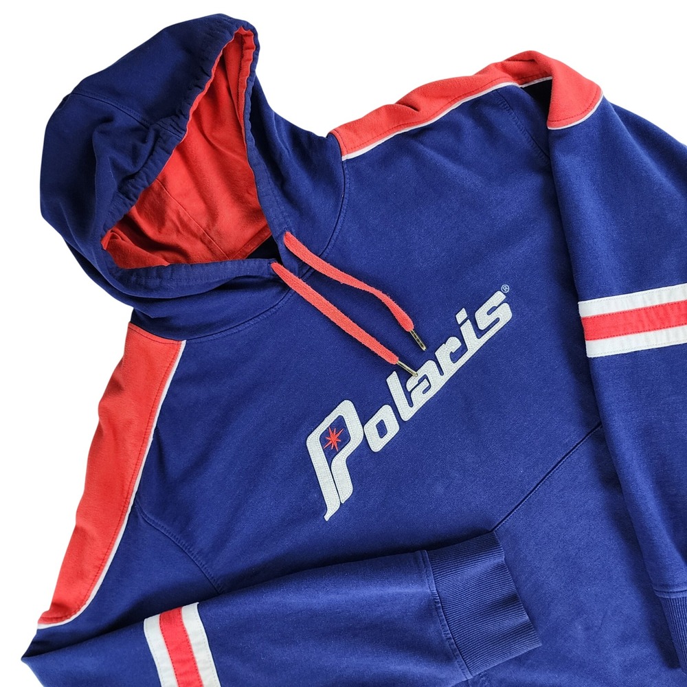 Vintage Polaris Hoodie Mens L Blue Red Color Block Snowmobile Racing Logo